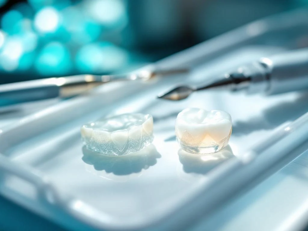 Twee tandheelkundige veneers op witte tandartsbak: porselein veneer en composiet bonding materiaal met instrumenten