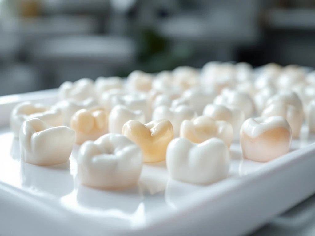 Tandheelkundige veneers op witte tandartsbak, sommige met verkleuring, anderen helder wit, in steriele kliniek