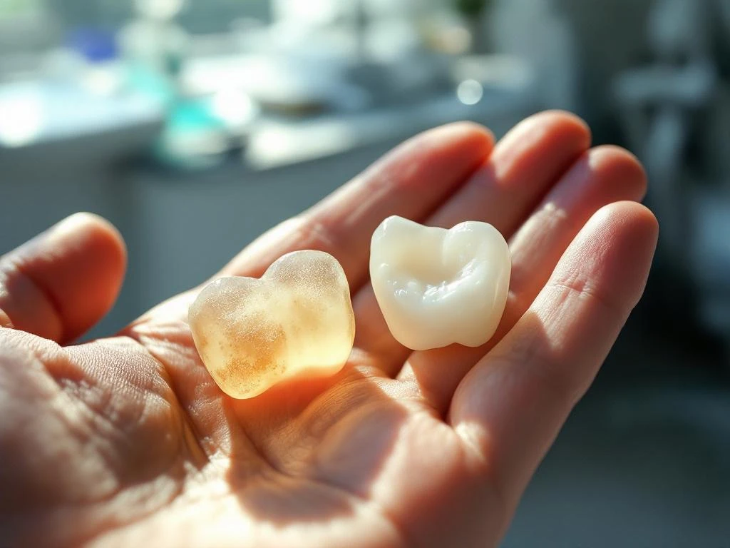 Versleten en nieuwe porseleinen tandveneers in open handpalm, natuurlijk licht toont textuurverschillen in tandartspraktijk