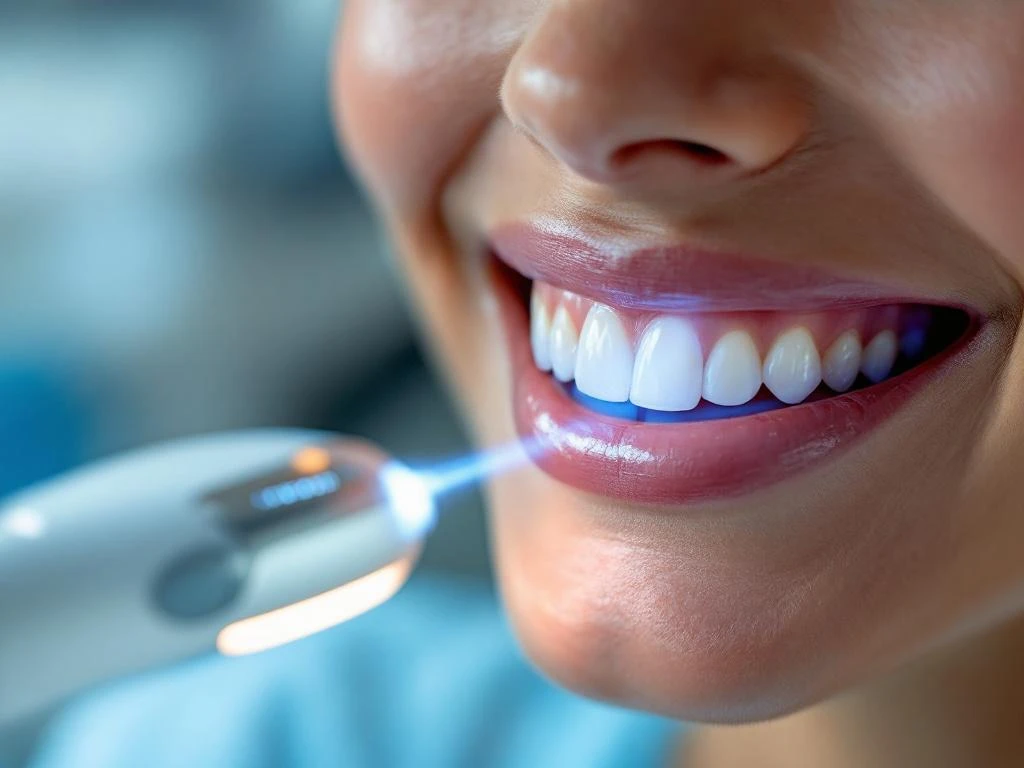 Persoon met witte tanden en keramische veneers glimlacht tijdens tandheelkundige behandeling met LED-whiteningapparaat