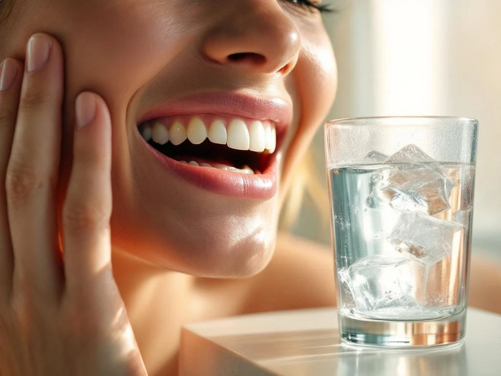 Persoon met tandpijn raakt wang aan, glas ijswater op badkamertafel, natuurlijk licht door matglas raam