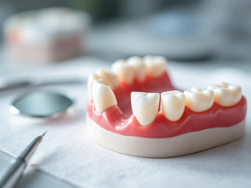 Tandheelkundige kronen en veneers gedeeltelijk losgeraakt van tandmodel met instrumenten op witte ondergrond