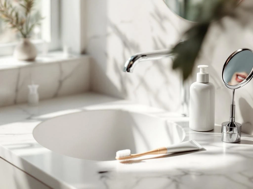 Witte porseleinen wastafel met chromen kraan en vijf tandverzorgingsproducten op marmeren blad in natuurlijk licht