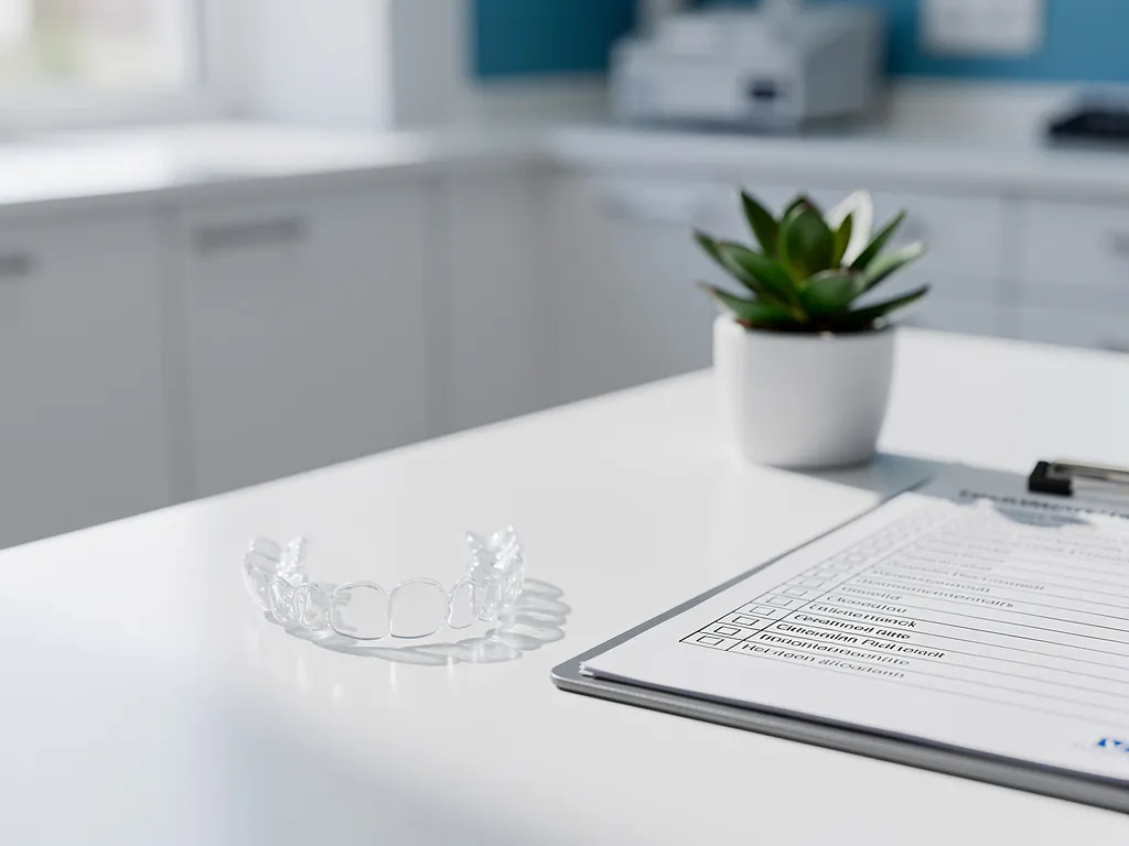 Transparante Invisalign beugel op witte tandartstafel naast behandelchecklist en vetplant in moderne tandartspraktijk