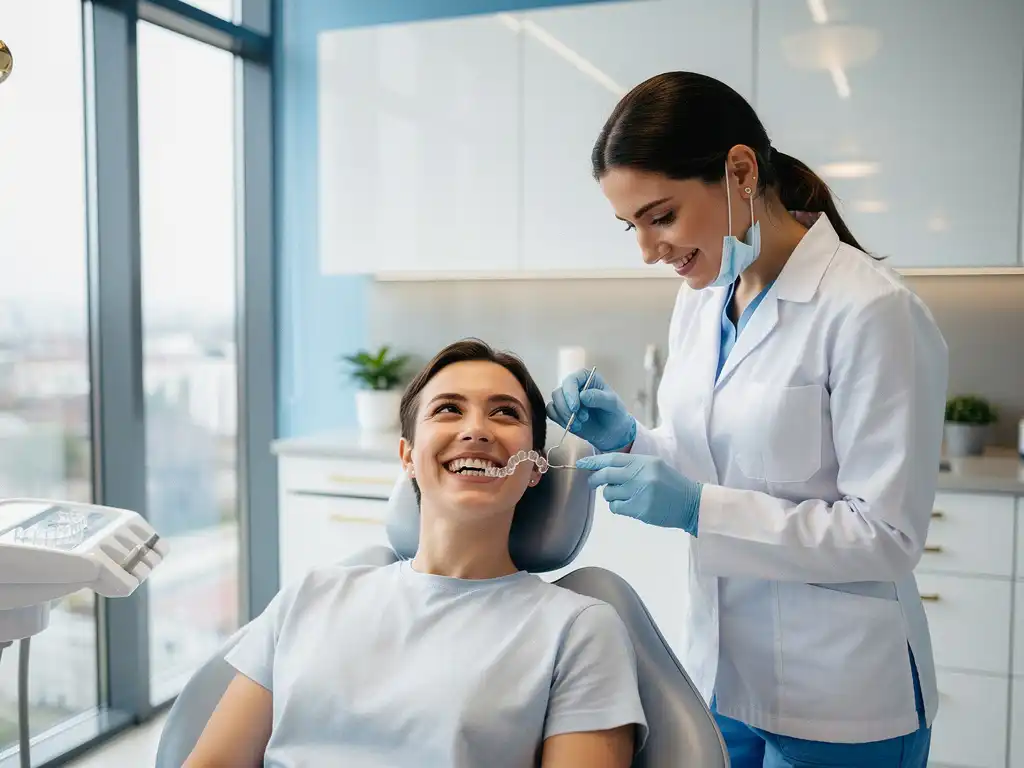 Tandartspatiënt met doorzichtige Invisalign beugels glimlacht zelfverzekerd terwijl tandarts onderzoek uitvoert in moderne praktijk