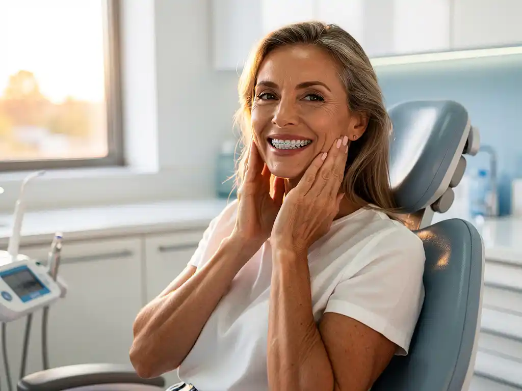Zelfverzekerde vrouw draagt transparante Invisalign beugel in moderne tandartspraktijk met natuurlijk licht