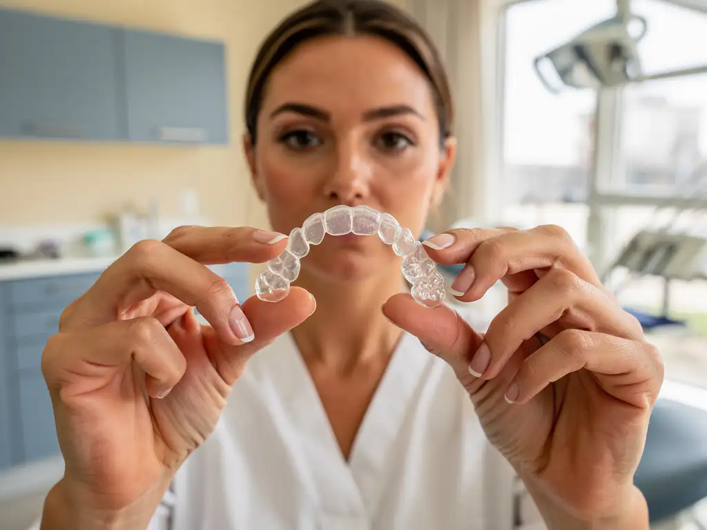 Vrouw houdt transparante Invisalign beugel omhoog in moderne tandartspraktijk met natuurlijk licht