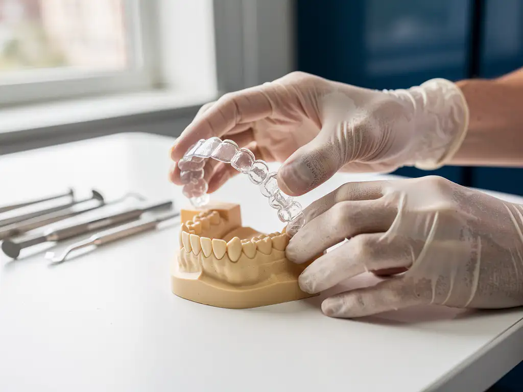 Tandarts plaatst transparante Invisalign beugel op 3D geprint gebitmodel met precisie-instrumenten op witte behandeltafel