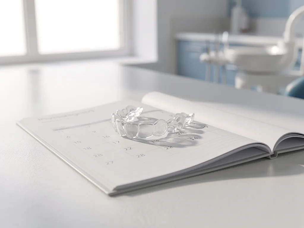 Transparante Invisalign beugel op open tandheelkundige afsprakenboek met kalenderdatums op moderne praktijkbalie