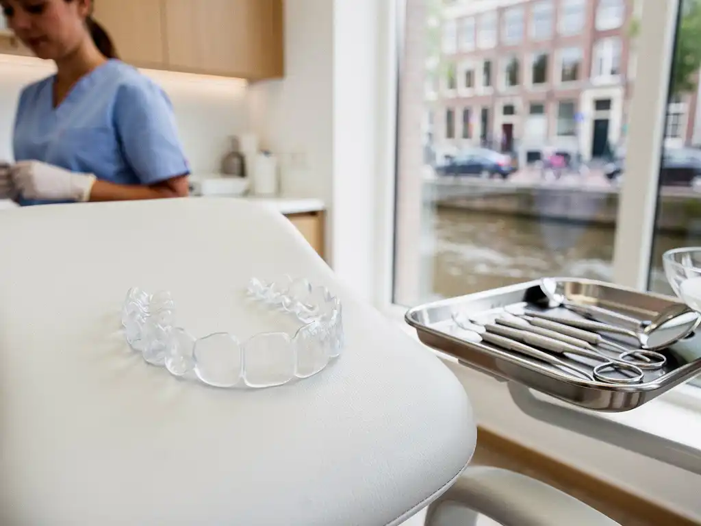 Transparante Invisalign beugels op witte tandartsstoel naast orthodontische instrumenten in moderne Amsterdamse tandartspraktijk