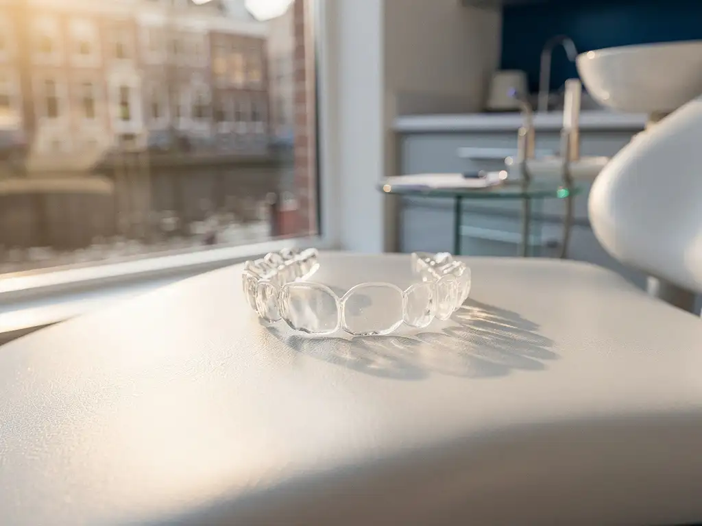 Transparante Invisalign beugel op witte tandartsstoel in moderne kliniek met Amsterdamse grachtenhuizen op achtergrond