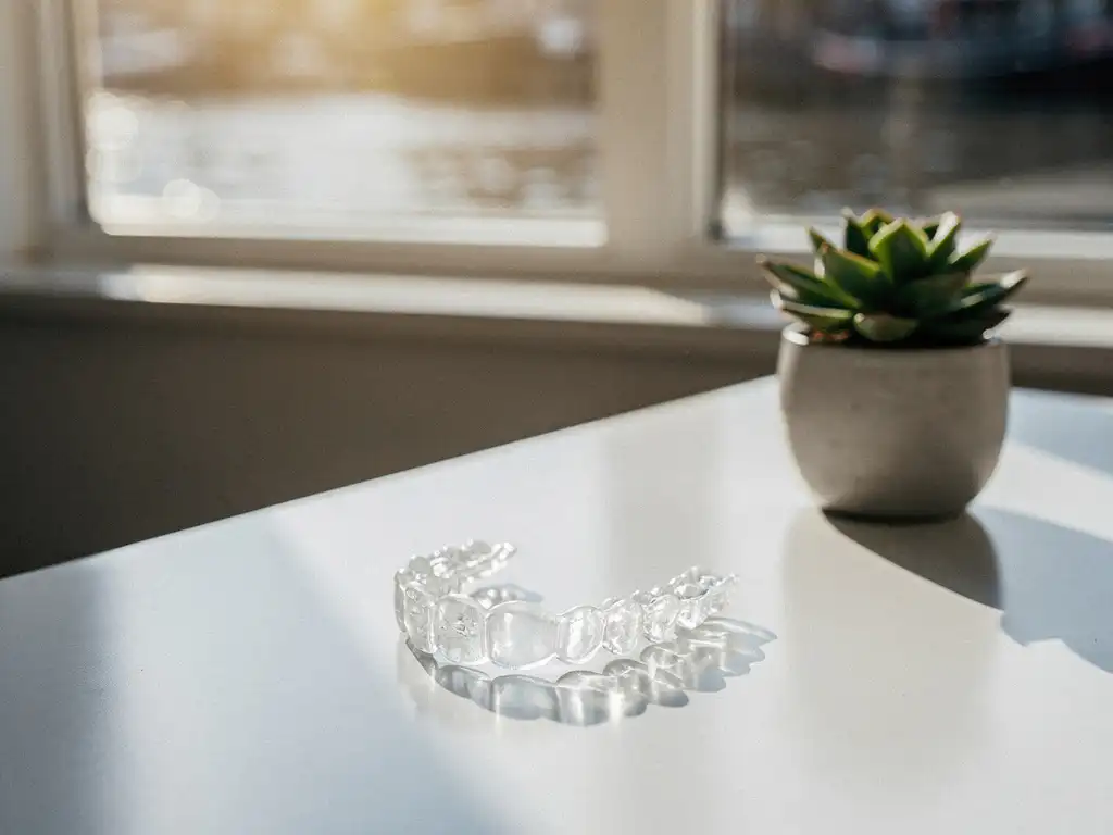Doorzichtige Invisalign beugel op witte tandartstafel met kamerplant en natuurlijk licht door ramen in Amsterdam