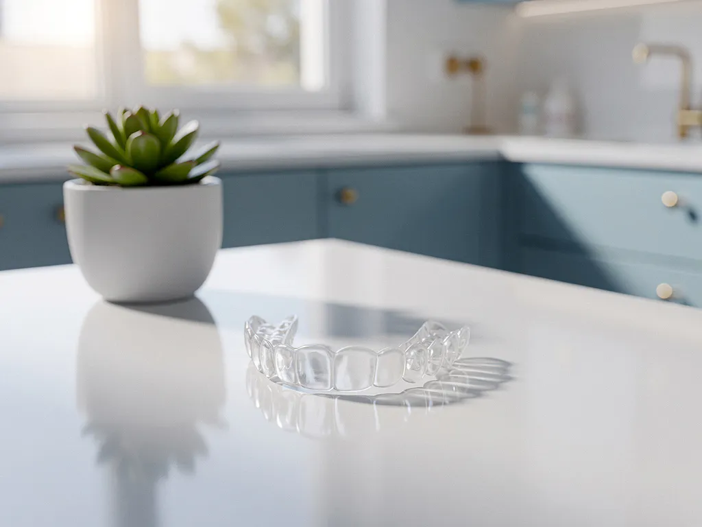 Transparante Invisalign retainer op witte tandartstafel naast kleine vetplant in moderne tandartspraktijk