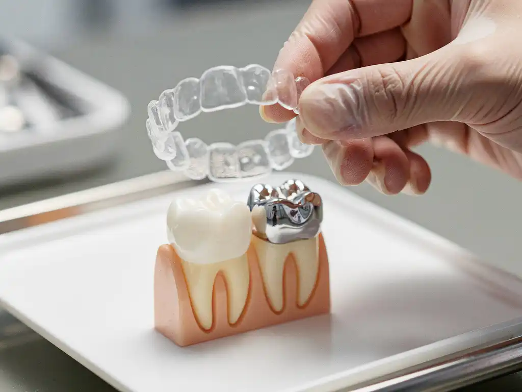 Transparante Invisalign beugel wordt geplaatst over tandmodel met keramische kroon en amalgaamvulling op witte tandartsentafel