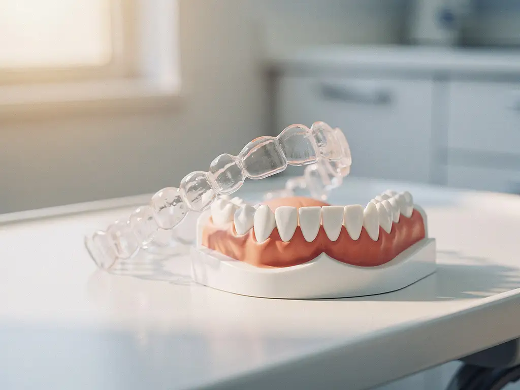 Transparante Invisalign beugels op witte tandartstafel met gedetailleerd gebitmodel, zachte natuurlijke verlichting
