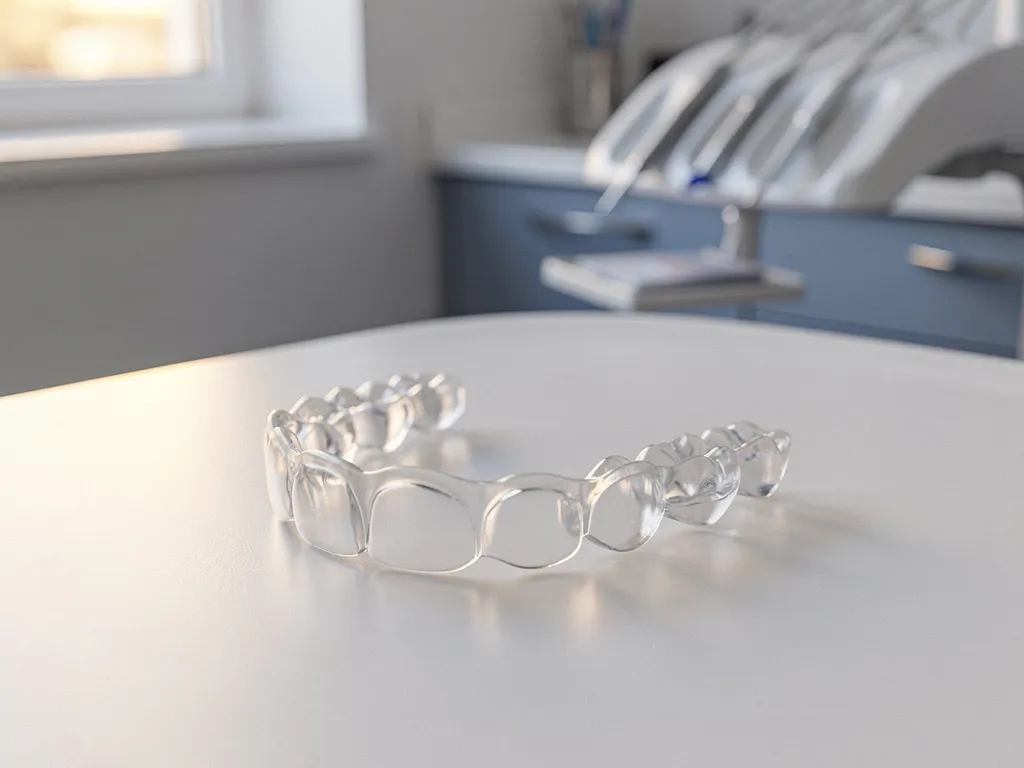 Transparante Invisalign beugel op witte tandartstafel in moderne tandartspraktijk met natuurlijk licht