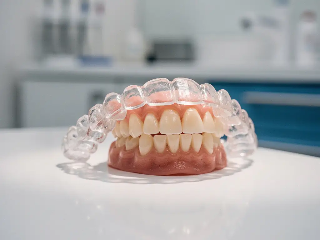 Transparante Invisalign beugel op witte tandheelkundige onderzoekstafel met natuurlijke tanden zichtbaar door helder plastic