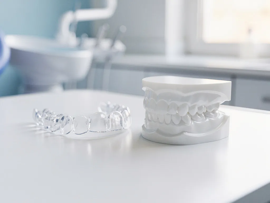 Kristalheldere Invisalign beugels op witte tandartstafel, één beugel over tandmodel geplaatst, zachte raamverlichting