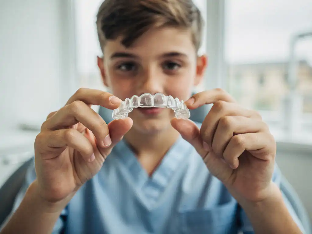 Tienerhandjes houden transparante Invisalign beugel omhoog in moderne tandartspraktijk met natuurlijk licht
