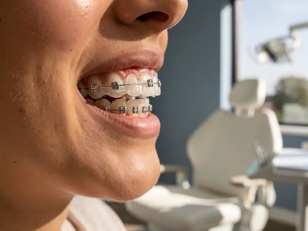 Patiënt met Invisalign beugel op boventanden en metalen brackets op ondertanden tijdens orthodontische behandeling