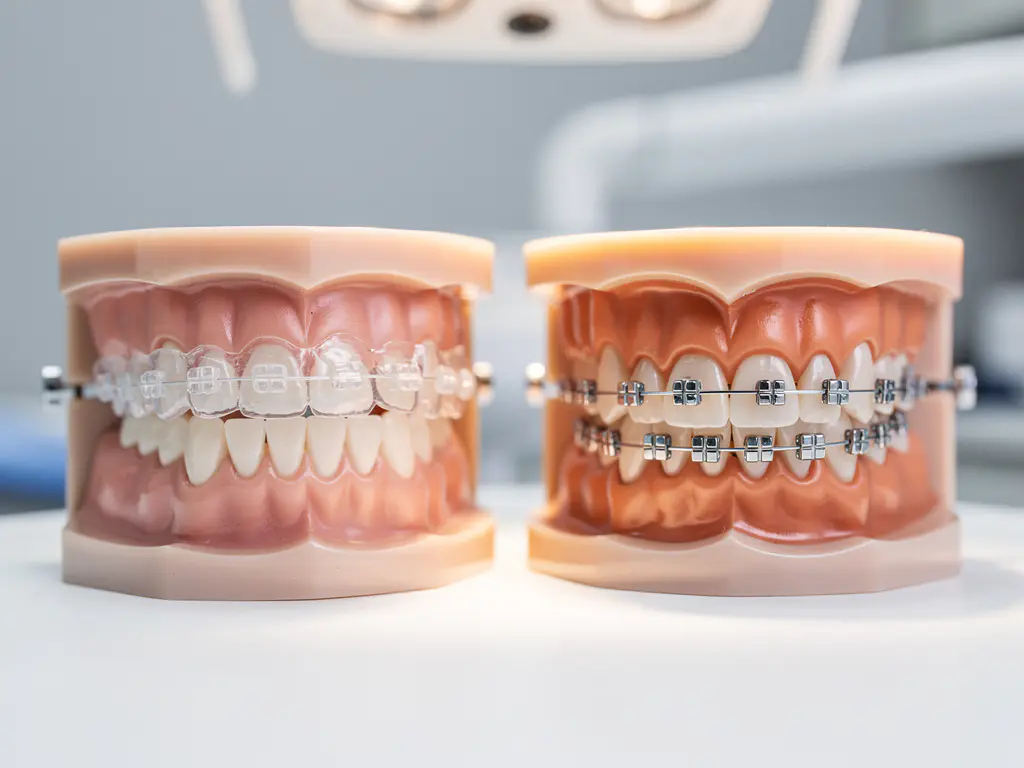 Tandheelkundige modellen tonen Invisalign beugels en traditionele metalen beugels op witte onderzoekstafel