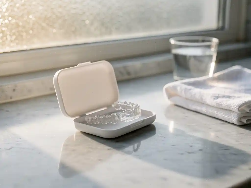 Transparante Invisalign beugel in witte beschermhoes op marmeren badkamertafel met glas water en handdoek
