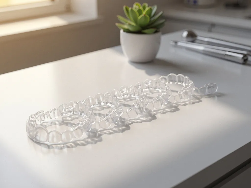 Transparante Invisalign beugels gerangschikt in volgorde op witte tandartstafel met natuurlijk licht en tandheelkundige instrumenten op achtergrond