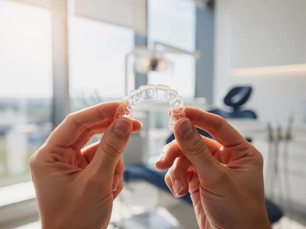 Handen houden transparante Invisalign beugels vast in moderne tandartspraktijk met natuurlijk licht