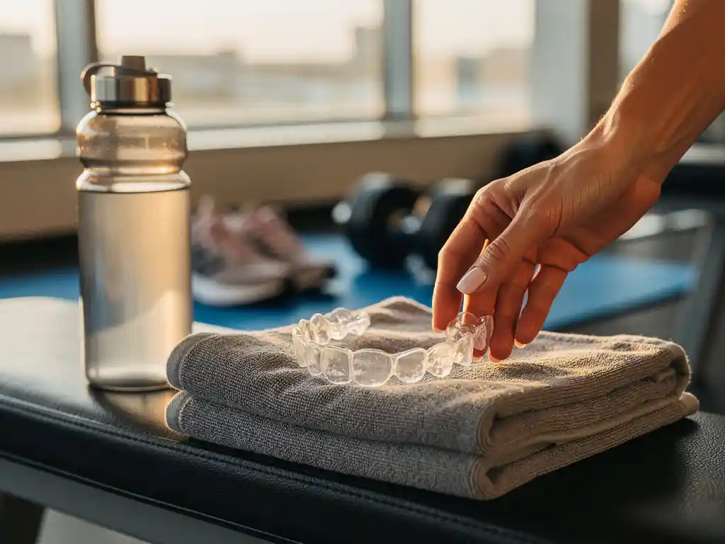Transparante Invisalign beugels op sporthanddoek naast waterfles, vrouwelijke atleet reikt ernaar in sportschool