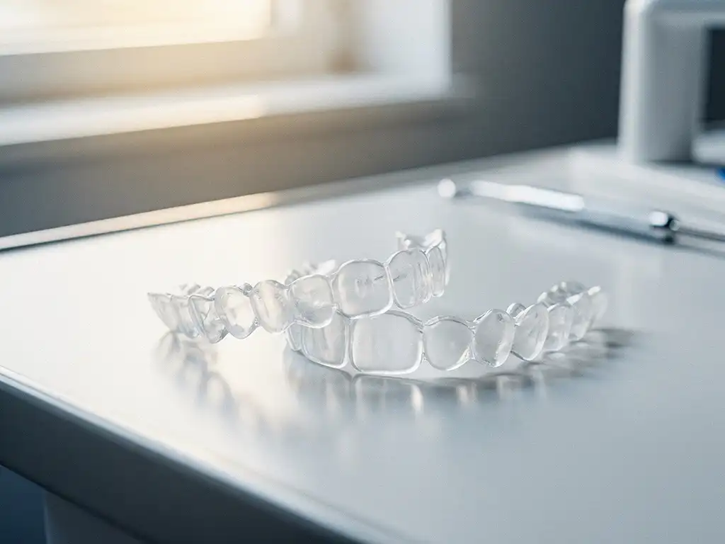 Doorzichtige Invisalign beugels op witte tandartstafel met natuurlijk licht en tandheelkundige instrumenten op achtergrond