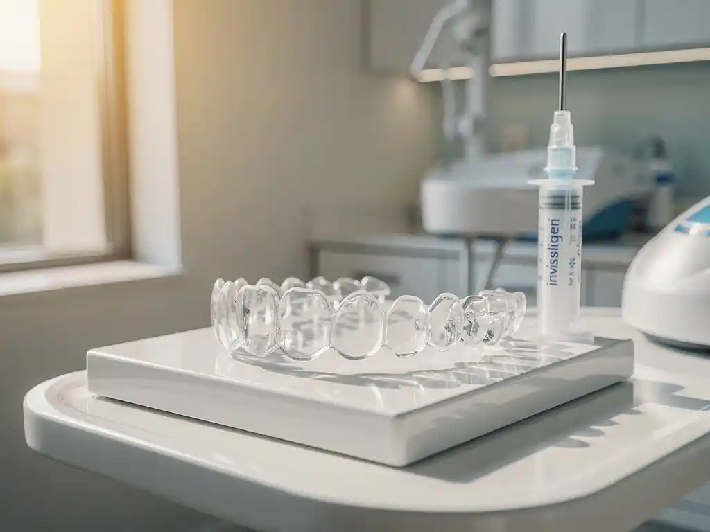 Kristalheldere Invisalign beugels op witte tandheelkundige schaal naast professionele tandbleekmiddel spuit in moderne tandartspraktijk