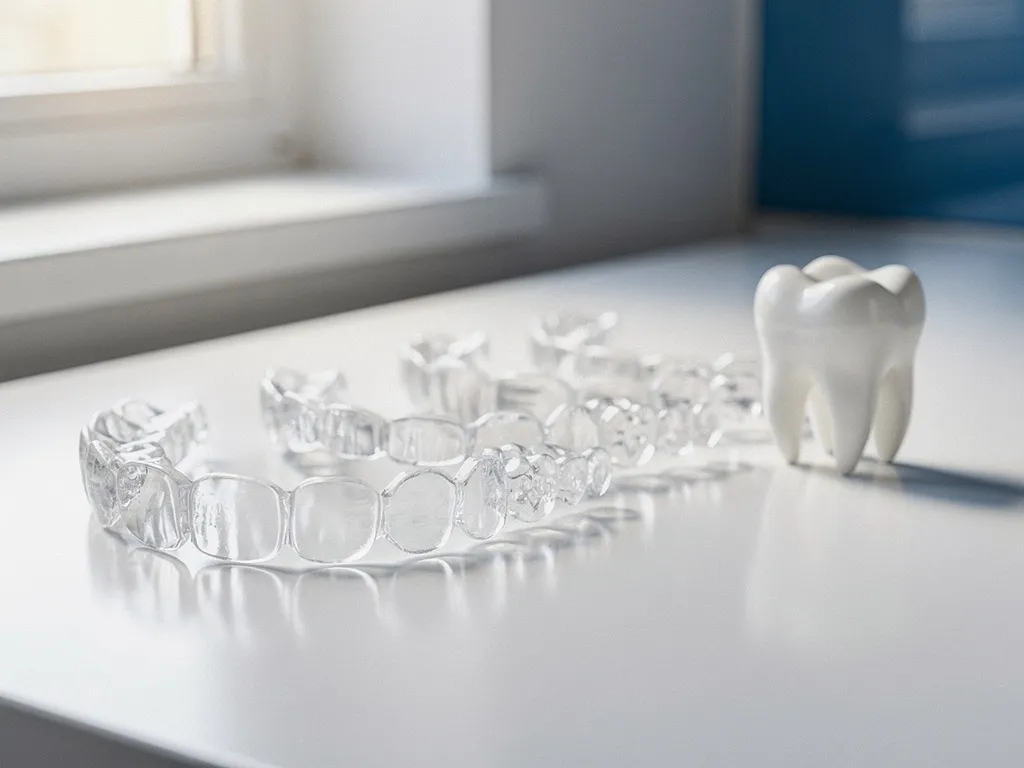 Transparante Invisalign beugels gerangschikt in oplopende volgorde op witte tandartstafel, met tandmodel aan het einde