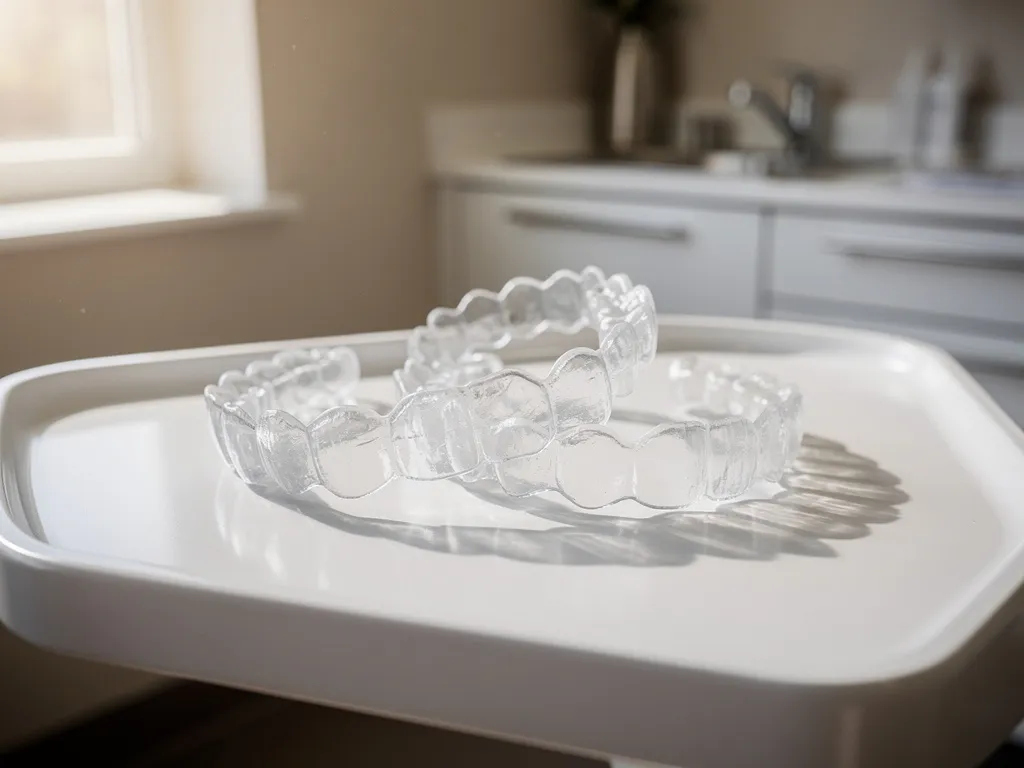 Kristalheldere Invisalign aligners op witte tandheelkundige onderzoeksbak in moderne tandartspraktijk
