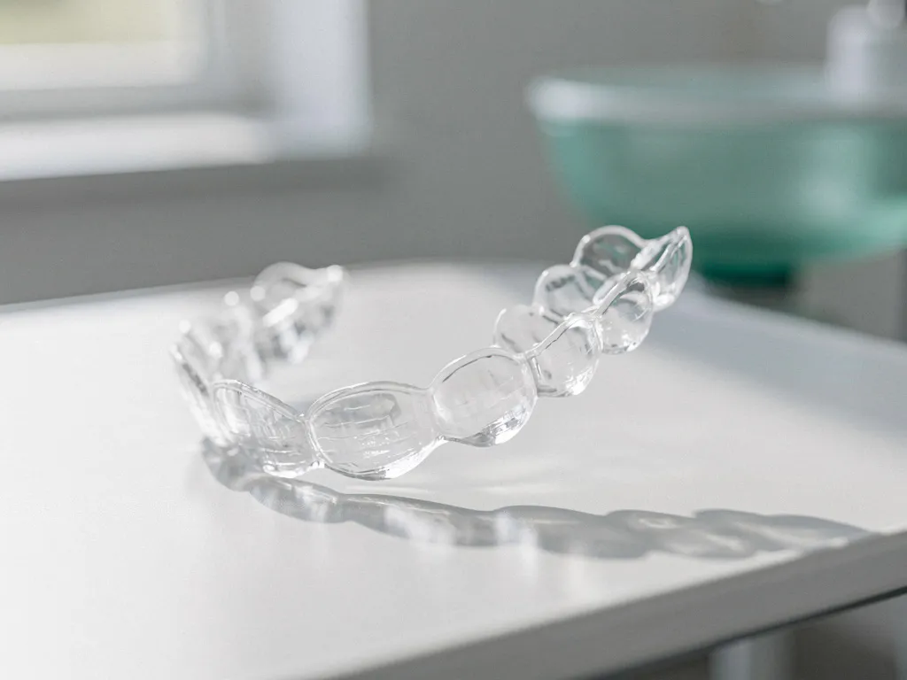 Transparante Invisalign beugels op witte tandheelkundige onderzoekstafel, één beugel opgetild toont flexibele doorzichtige materiaal