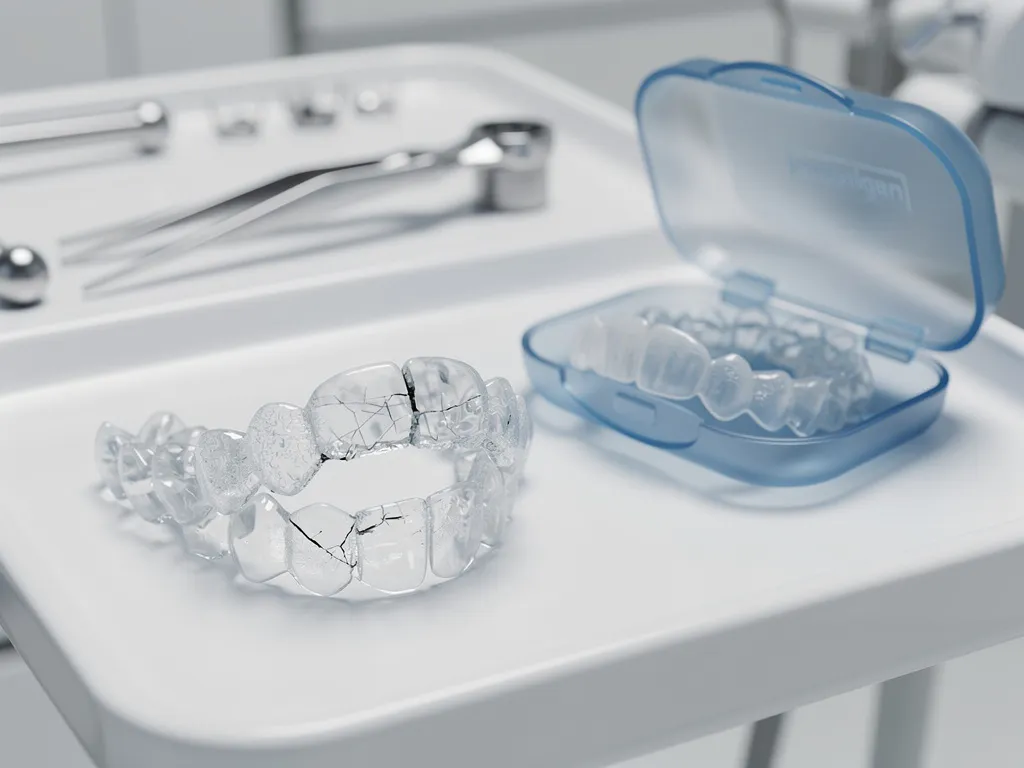 Gebarsten doorzichtige Invisalign beugel op witte tandheelkundige onderzoeksbak naast reservebeugel in beschermhoes