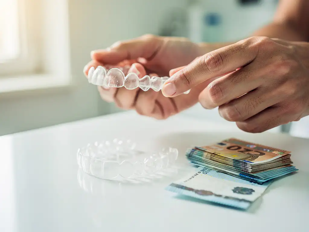 Transparante Invisalign beugels op witte tandartstafel naast stapel eurobiljetten, handen houden aligner vast