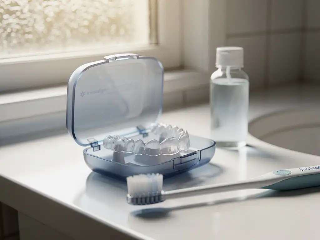 Transparante Invisalign beugels in open reinigingsdoosje op witte badkamertafel met tandenborstel en reinigingsoplossing