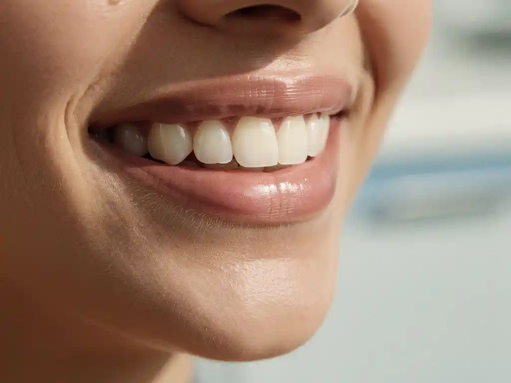 Warme glimlach met perfect uitgelijnde witte tanden en subtiele keramische veneer in tandartspraktijk