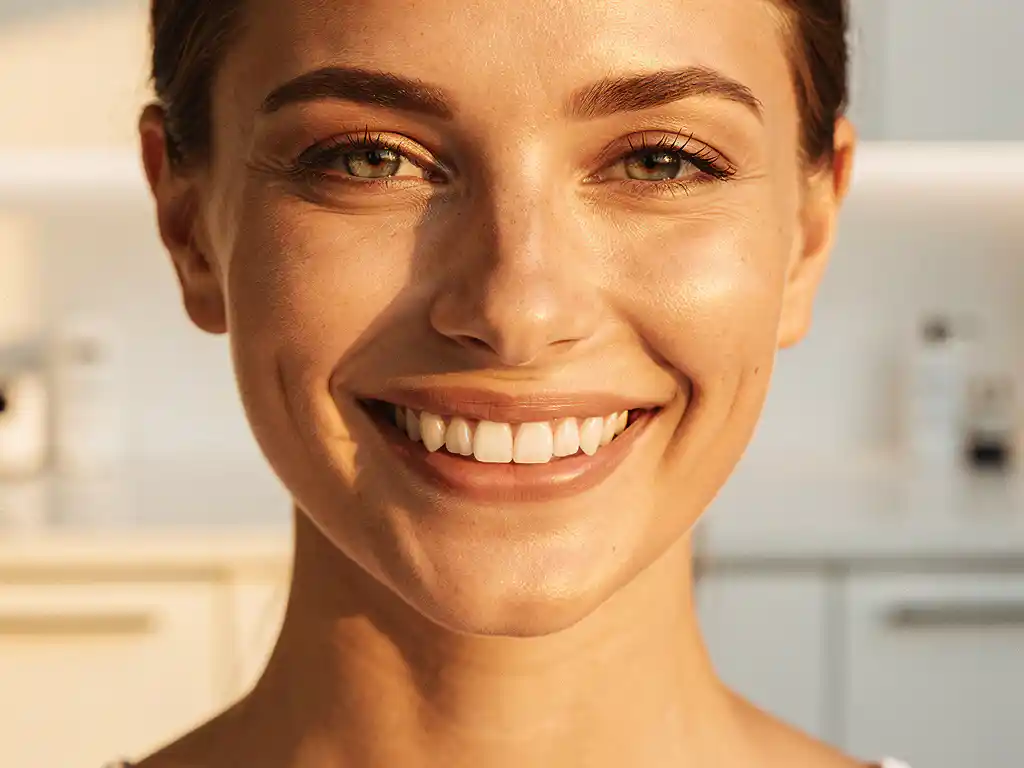 Persoon met stralende glimlach toont witte tanden met keramische veneers in moderne tandartspraktijk