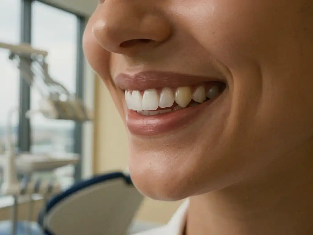 Perfecte witte tanden in een natuurlijke glimlach na orthodontische behandeling in moderne tandartspraktijk