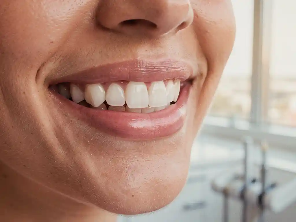 Persoon toont stralende glimlach met perfect uitgelijnde witte tanden in natuurlijk daglicht bij tandartspraktijk