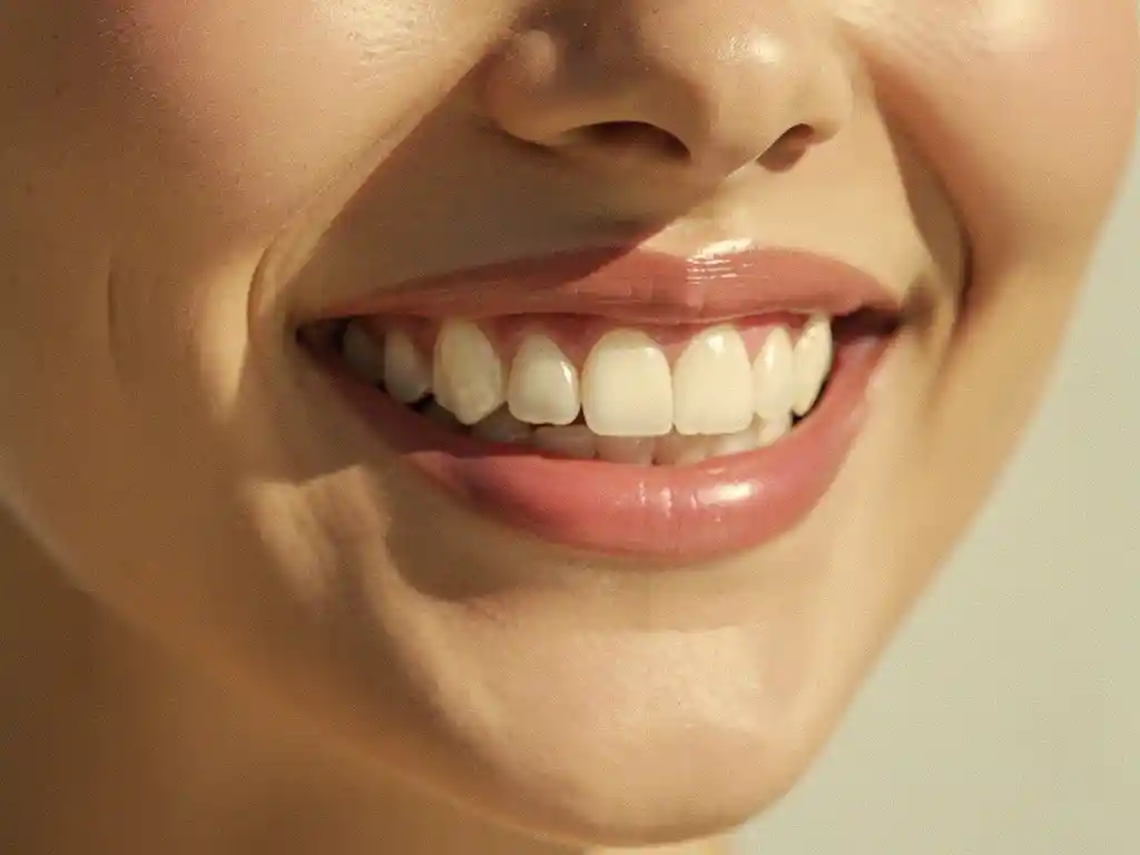 Stralende glimlach met perfect uitgelijnde witte tanden en gezond roze tandvlees in natuurlijk licht