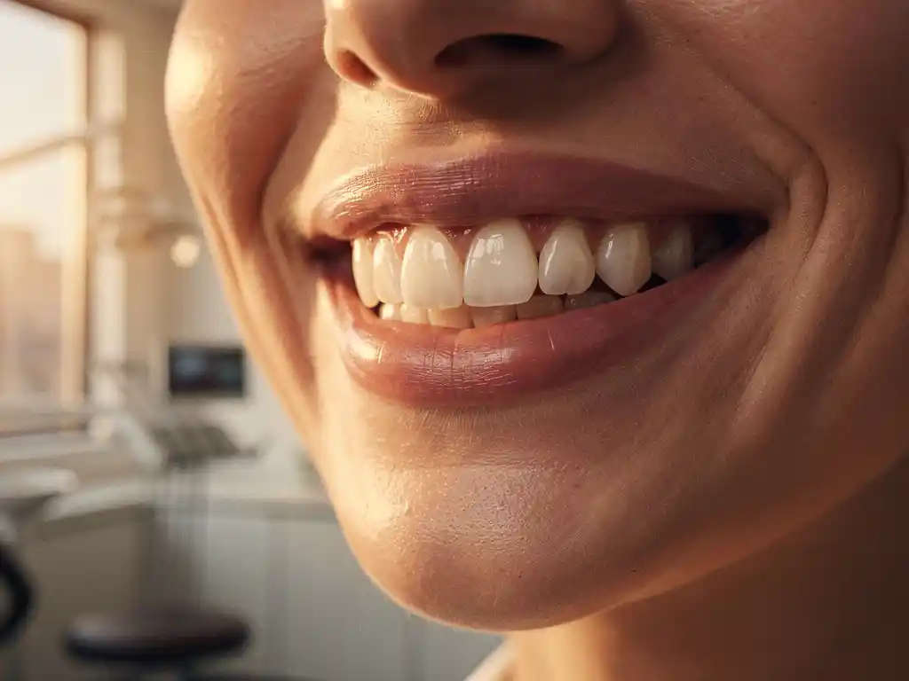 Persoon toont stralende glimlach met witte tanden in moderne tandartspraktijk met zachte ochtendverlichting