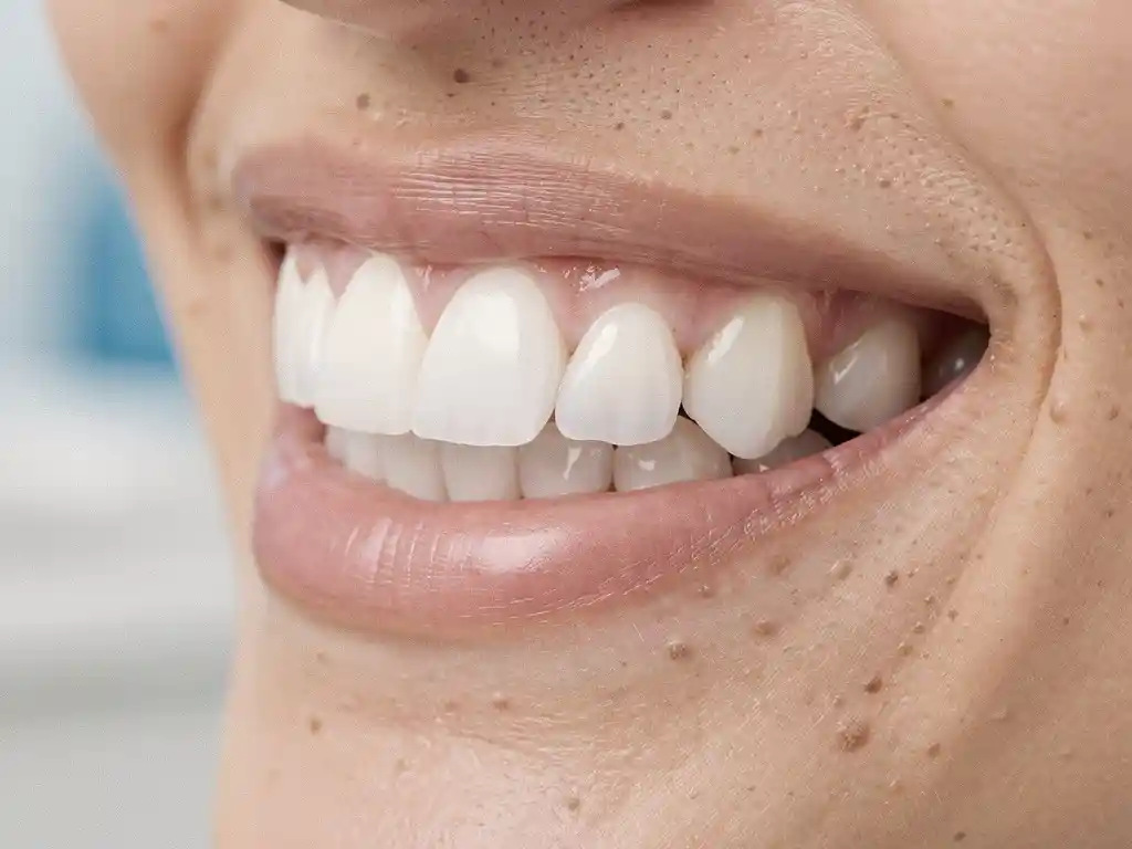 Perfecte witte tanden met ultradunne porseleinen veneers in zachte glimlach, tandartspraktijk met klinische verlichting