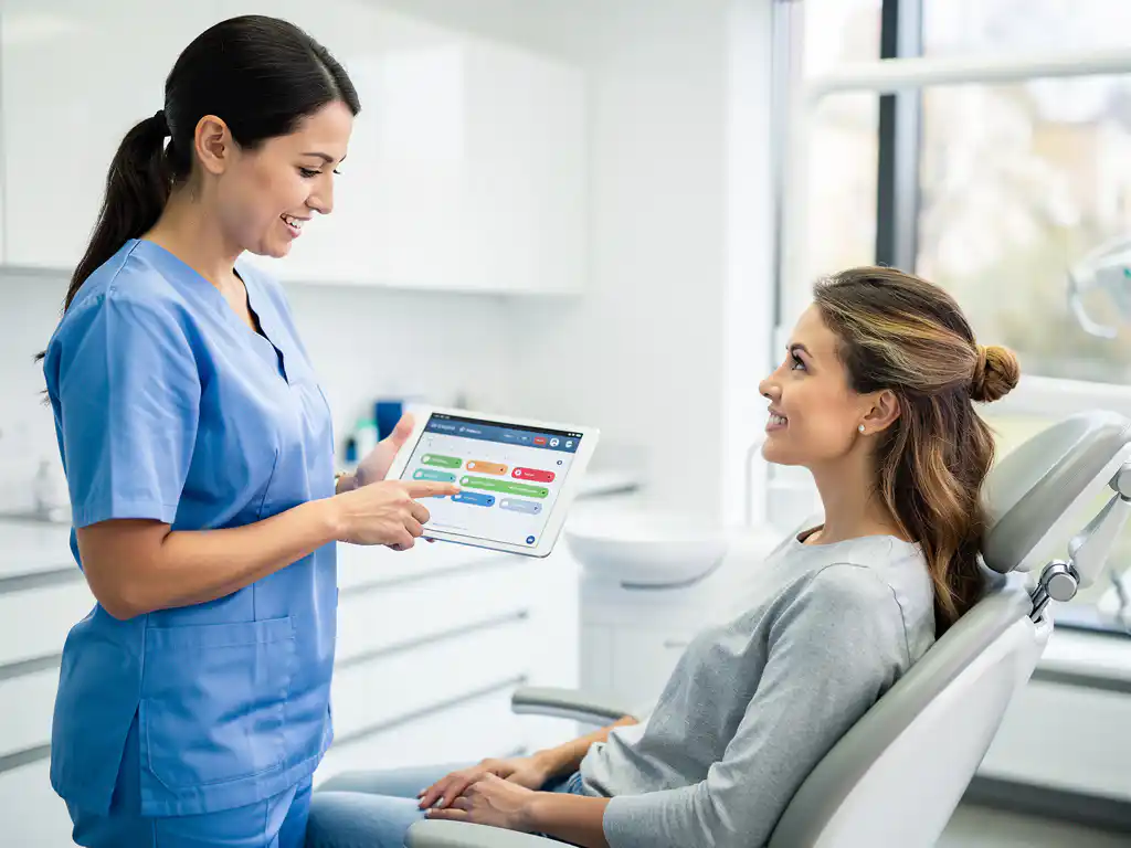 Tandarts in scrubs toont behandelingsschema op tablet aan patiënt in moderne witte tandartsstoel tijdens consultatie