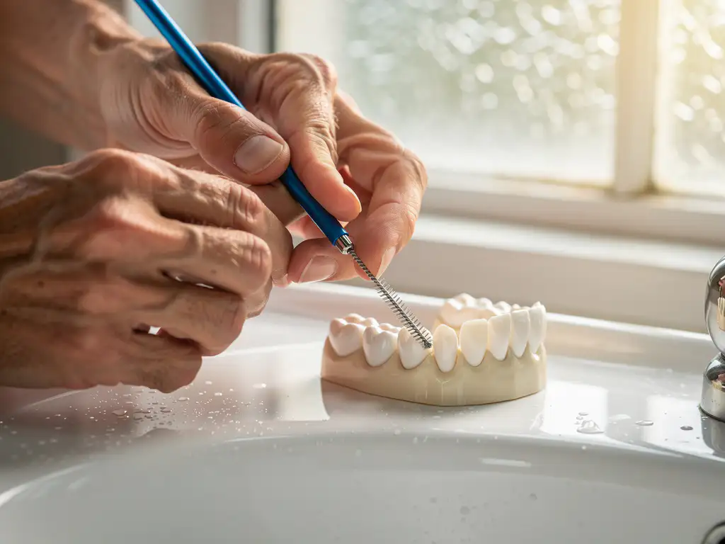 Handen reinigen tandprothese met interdentale borstel op witte badkamertafel bij ochtendlicht