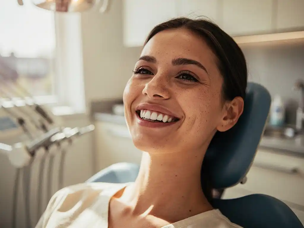 Patiënt met stralende glimlach toont witte tanden en gezond tandvlees in moderne tandartspraktijk met natuurlijk licht