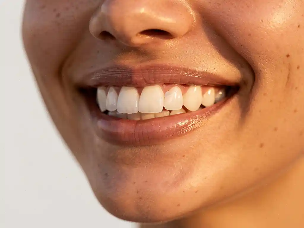 Persoon toont stralende glimlach met perfecte witte tanden en keramische facings in warme gouden verlichting