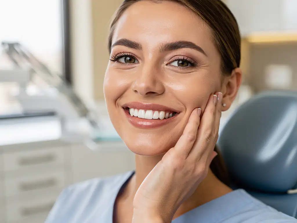 Vrouw met stralende witte glimlach raakt wang aan in moderne tandartspraktijk met natuurlijk licht