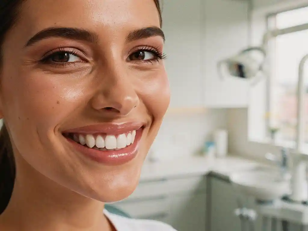 Vrouw met stralende glimlach toont perfecte witte tanden in moderne tandartspraktijk met natuurlijk licht